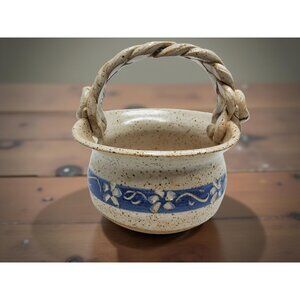 vintage 1991 handmade clay fired braided handle art pottery signed basket plante